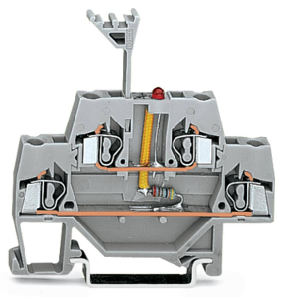 Graue elektrische DIN-Schienenklemme mit Schraubverbindungen und farbigem Innenleben, verwendet zur sicheren Verdrahtung in Schalttafeln.