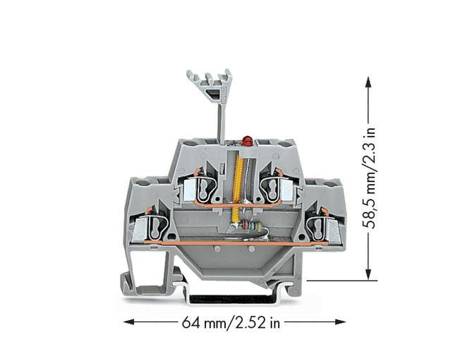 Klemmleiste für elektrische Verbindungen, graues Gehäuse, mit vier Verbindungspunkten. Maße: 64 mm breit, 58,5 mm hoch.
