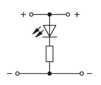 Elektronisches Schaltbild mit einer Diode und einem Widerstand in Reihe, verbunden mit Plus- und Minuspolen.