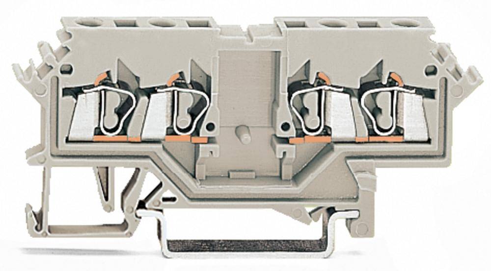 Graues elektrisches Klemmengehäuse mit Metallkontakten und Anschlussstellen, das zur Verdrahtung in elektrotechnischen Anwendungen verwendet wird.