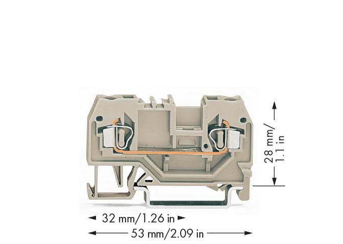 Abbildung einer elektrischen Klemme: Maße 32 mm Breite, 28 mm Höhe, 53 mm Länge; graue Farbe. Sie zeigt Verbindungselemente und Metallkontakte.
