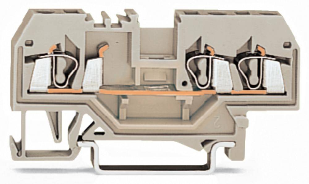 Grauer elektrischer Steckverbinder mit zwei Anschlussklemmen. Links und rechts sind silberne Metallteile sichtbar, die den Strom leiten.