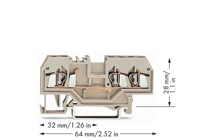Querschnitt einer elektrischen Klemme mit Maßen: 32 mm Breite, 28 mm Höhe, 64 mm Länge. Sichtbare Anschlüsse und Metallkontakte.