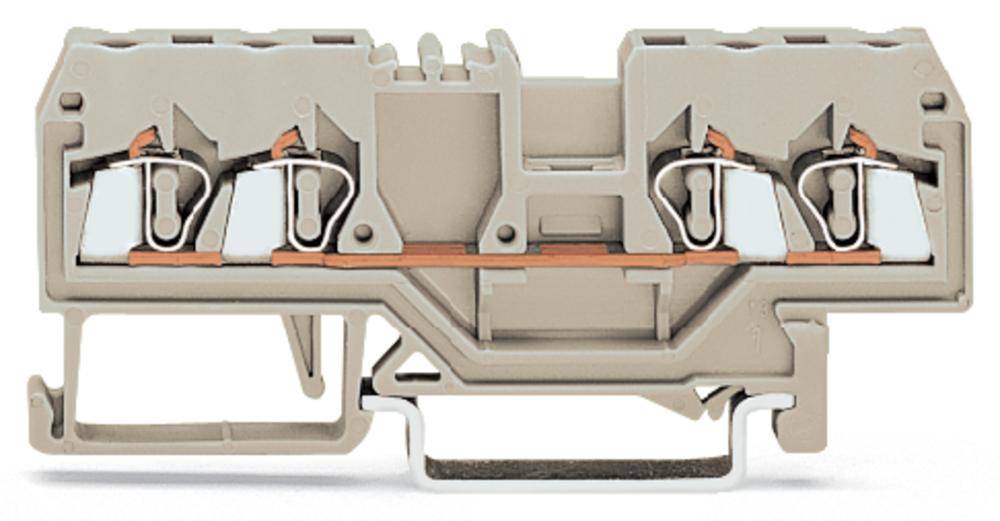 Klemmblock in Nahaufnahme zeigt mehrere Anschlussklemmen mit Schraubverbindungen für elektrische Leitungen. Beige Gehäuse.