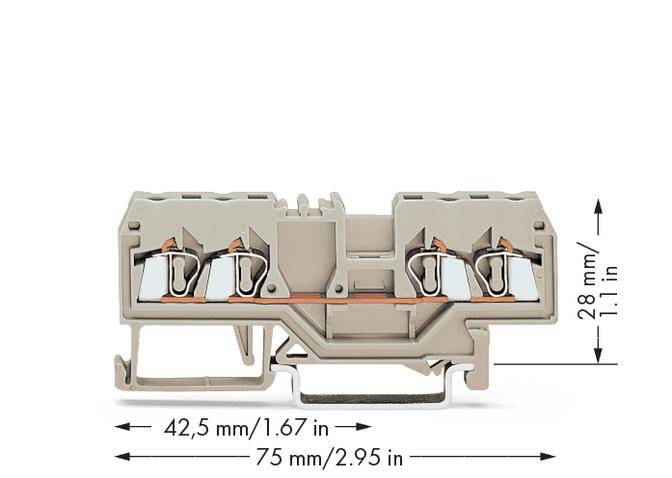 Klemmblock Darstellung mit den Maßen: Breite 42,5 mm, Länge 75 mm, Höhe 28 mm. Geeignet für elektrische Verbindungen.