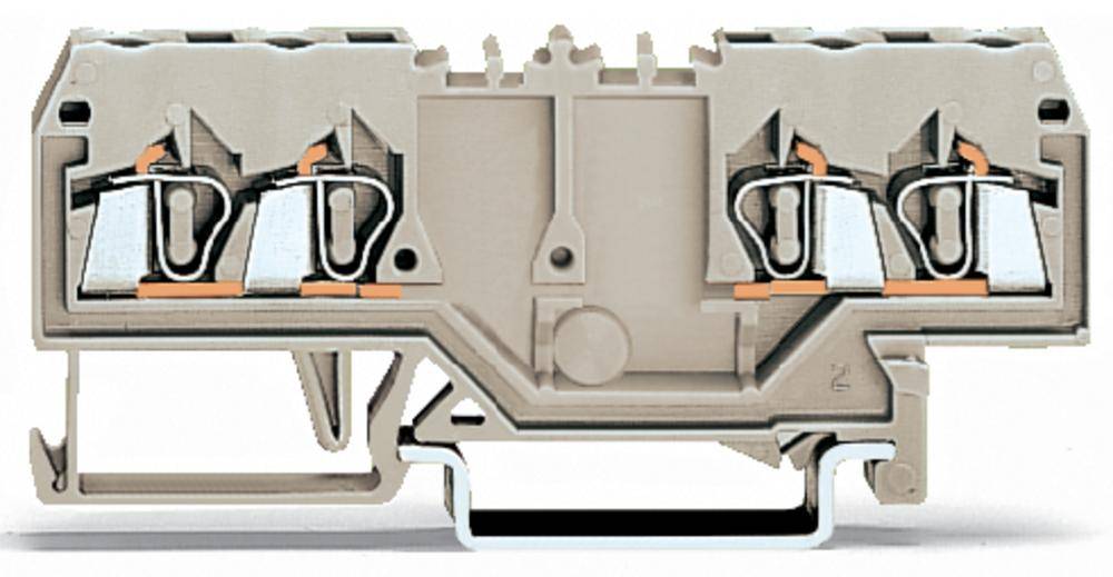 Elektrische Klemmenleiste in seitlicher Ansicht, zeigt zwei Anschlusspunkte mit sichtbaren Metallteilen und Kunststoffgehäuse.