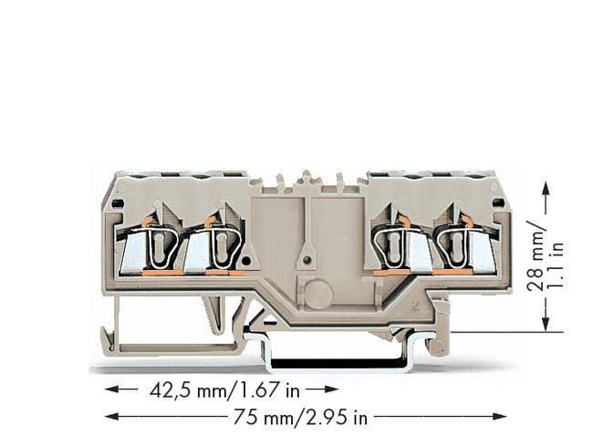 Klemmblock in seitlicher Ansicht mit Abmessungen: Breite 42,5 mm, Tiefe 75 mm, Höhe 28 mm. Vier Anschlusspunkte sichtbar.