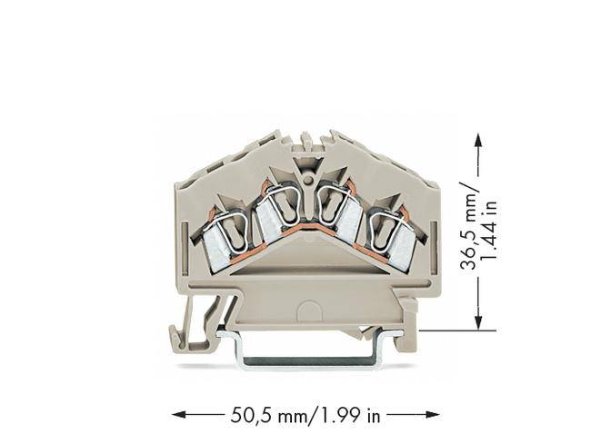 Grauer Mehrstock-Klemmenblock mit Doppelklemme, zeigt Maße: Breite 50,5 mm (1,99 Zoll), Höhe 36,5 mm (1,44 Zoll).
