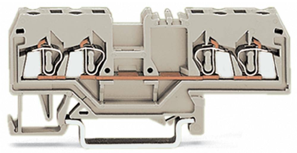 Trennklemme mit zwei Anschlusspunkten und Metallverbindungen, zur elektrischen Verbindung in Schaltschränken eingesetzt.