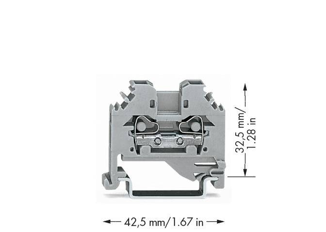 Abbildung eines grauen Klemmenblocks mit Maßen 42,5 mm Breite und 32,5 mm Höhe. Zeigt Verbindungskomponenten aus Metall.