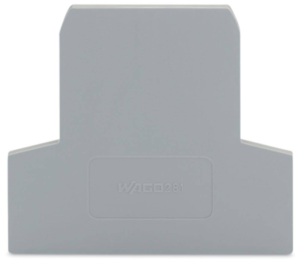 Ein graues Endstück für Reihenklemmen von WAGO, Modell 281, das zur elektrischen Isolation und mechanischen Stabilisierung dient.