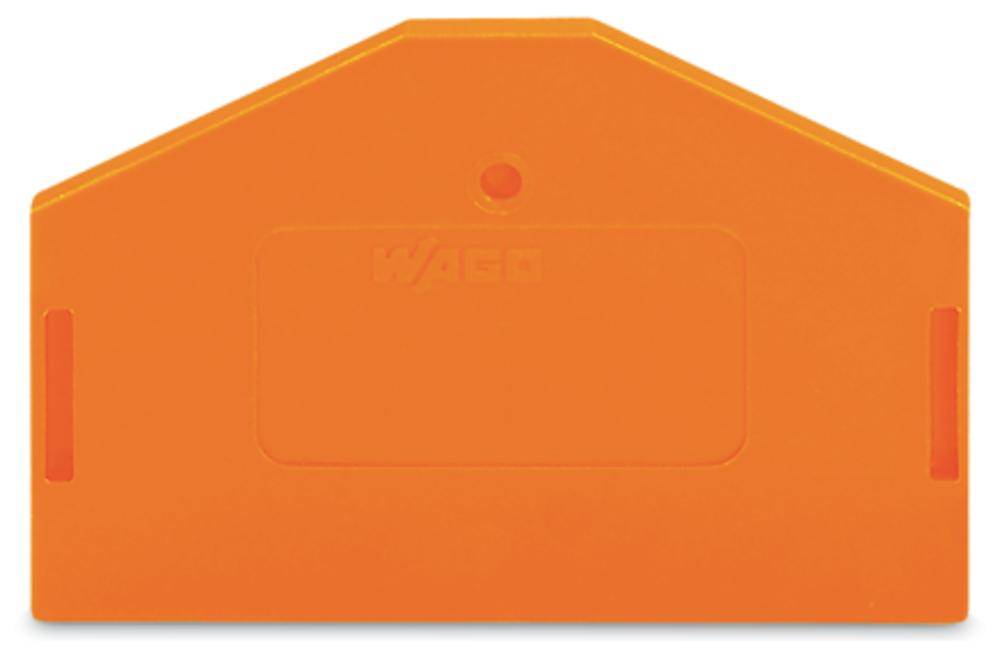 Oranges Isoliergehäuse aus Kunststoff mit rechteckiger Form und abgeschrägten oberen Ecken. Im unteren mittleren Bereich ist ein Rechteck eingraviert.