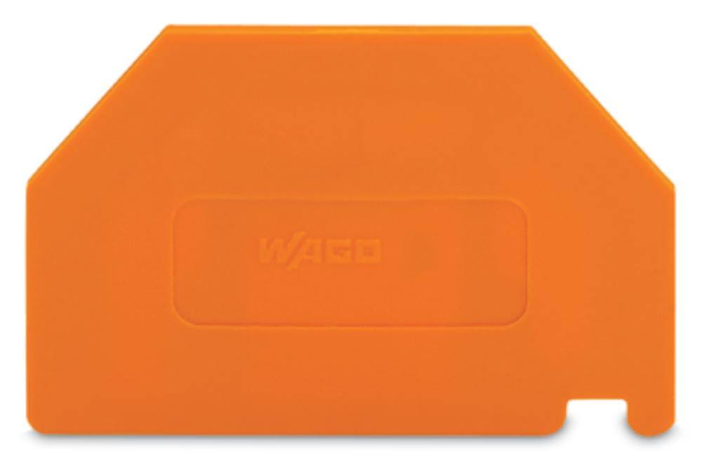 Orangene Abdeckhaube mit rechteckiger Form, an einer Seite abgeschrägt. Auf der Oberfläche ist das Wago-Logo erkennbar.