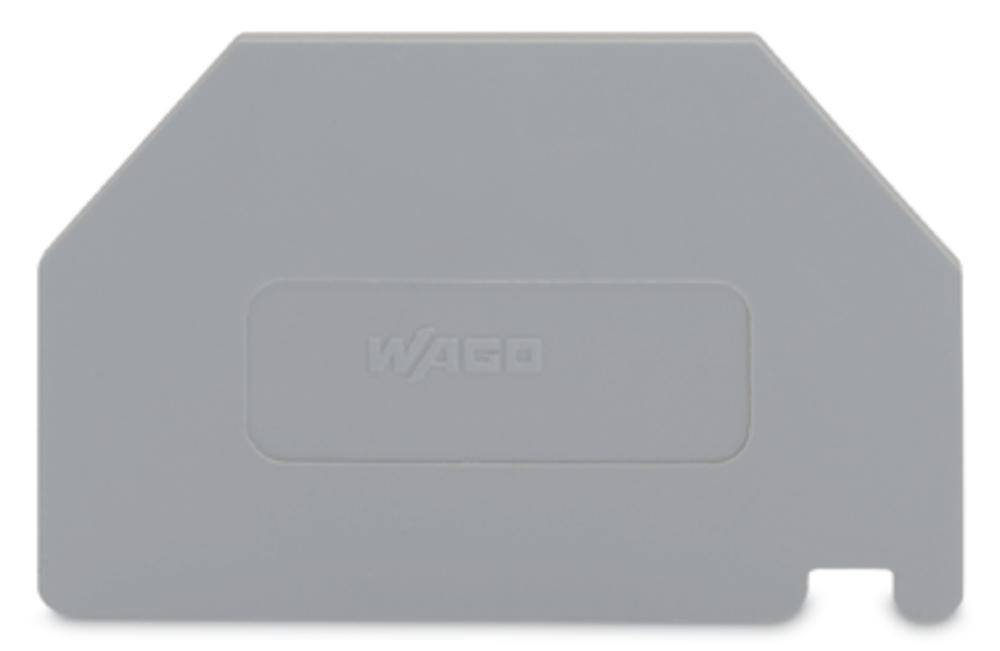 Graue Abdeckplatte aus Kunststoff für eine elektrische Klemme. Flaches, rechtwinkliges Design mit abgeschrägter Oberkante.