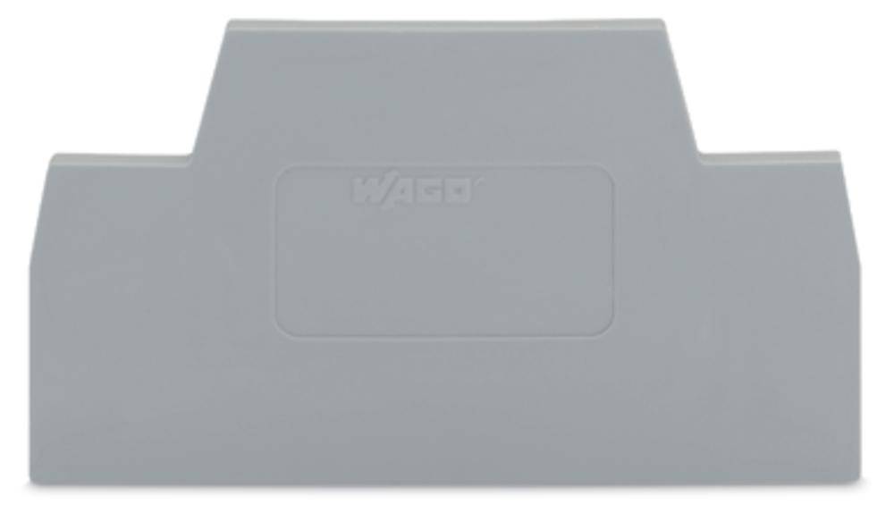 Graues Endstück aus Kunststoff mit WAGO-Logo in der Mitte, verwendet für die Abdeckung von Reihenklemmen an einer DIN-Schiene.