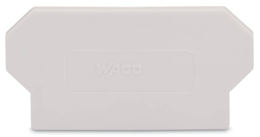 Weiße Abdeckplatte mit der Aufschrift 'WAGO' in der Mitte, verwendet zur Abdeckung elektrischer Anschlussklemmen.