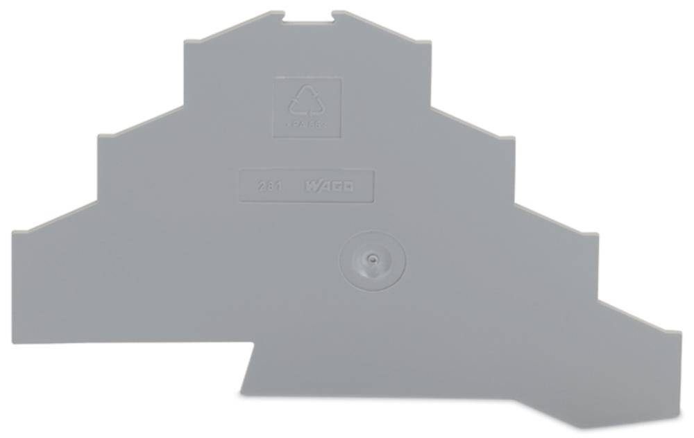 Grau Kunststoff-Seitenabdeckung für elektrische Klemmen, mit montierfreundlichem Design und Recycling-Symbol.