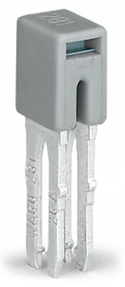 Grauer elektronischer Bauteil mit drei Metallpins. Wahrscheinlich ein Sensor oder Steckverbindung für elektronische Anwendungen.