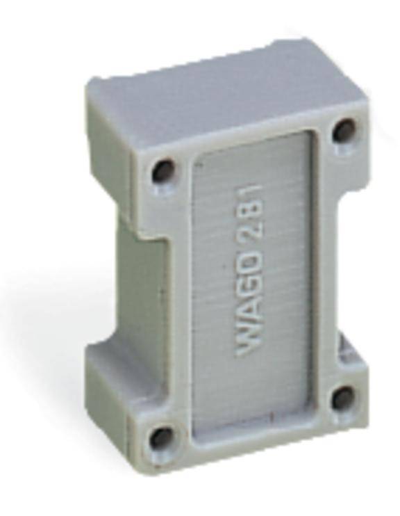 Ein grauer Adapterblock mit der Aufschrift 'WAGO 281', betrachtet aus einem seitlichen Winkel.