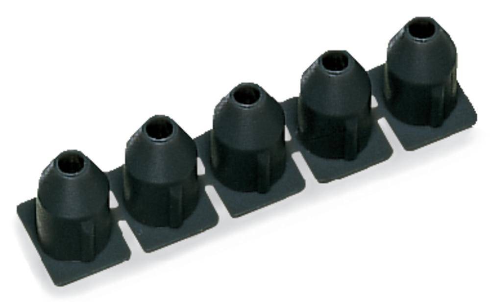 Fünf schwarze Gummifüße in einer Reihe, typischerweise für den Einsatz im Elektronikgehäuse zur Vibrationsdämpfung.
