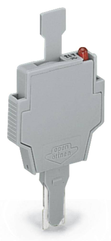Grauer Kunststoffsteckeradapter mit einer transparenten Spitze und einem roten LED. Markierung 'open' und 'offen' auf der Vorderseite.
