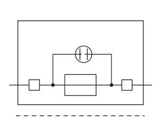 Elektrisches Schaltbild mit einer Diode, zwei Widerständen und einem Kondensator in Reihe. Verbindungen zeigen den Stromfluss.
