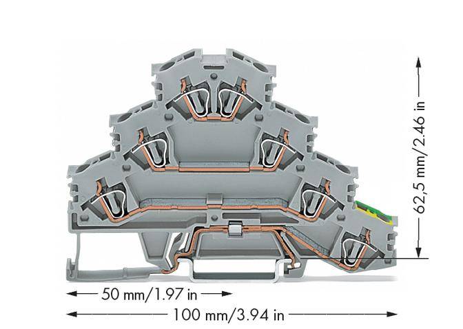 Grauer dreistöckiger elektrischer Steckverbinder mit Kupferleitern, ideal für platzsparende Verdrahtung. Maße: 50 x 100 x 62,5 mm.