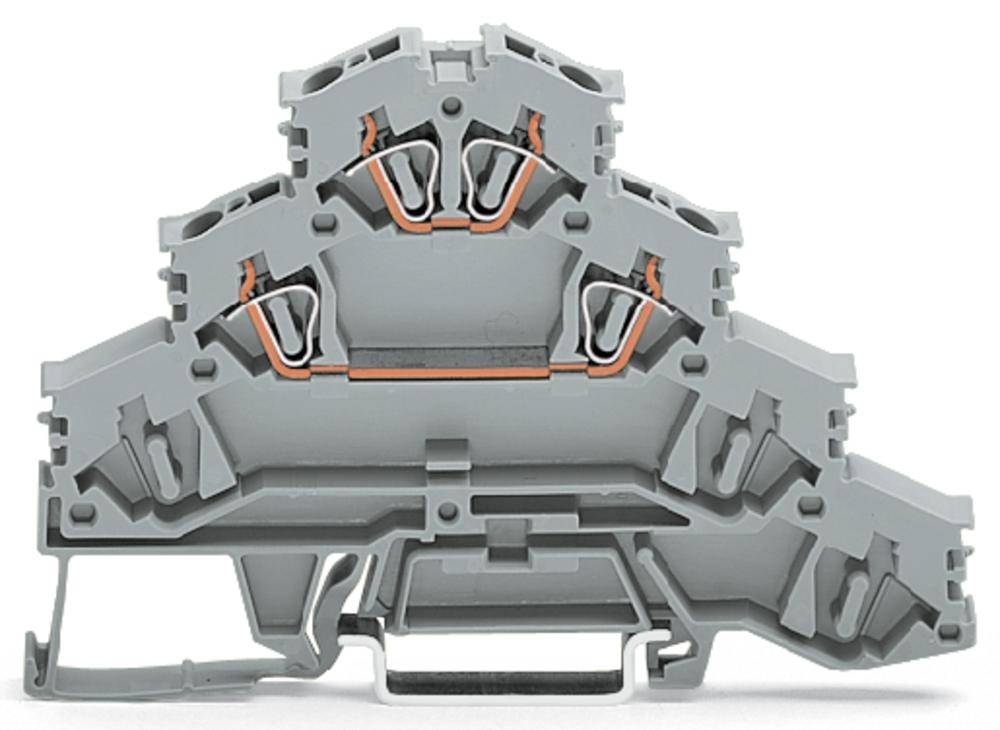 Graue, mehrstöckige elektrische Klemme mit Kupferverbindungen zur Montage auf einer DIN-Schiene. Sie bietet mehrere Anschlüsse.