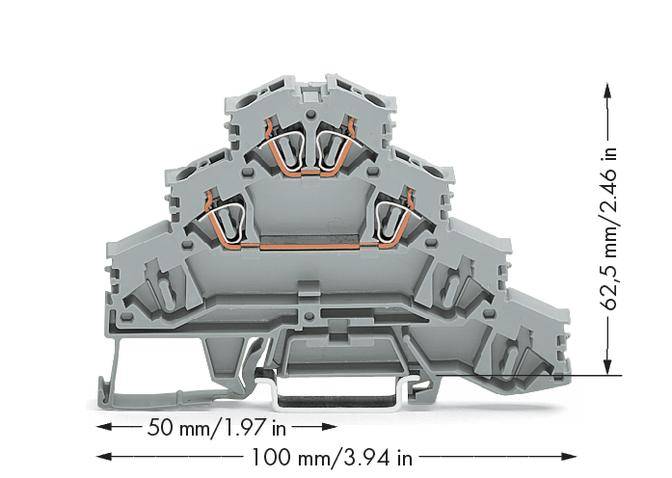 Graue Elektroklemme, vertikale Ansicht, zeigt doppelte Anschlussmöglichkeiten. Maße: 100 mm breit, 62,5 mm hoch. Mit Kupferverbindungen.