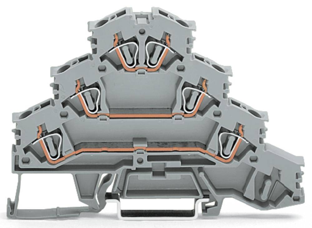 Graue Klemmenleiste mit mehreren Ebenen und Kupferleitern für elektrische Verbindungen.