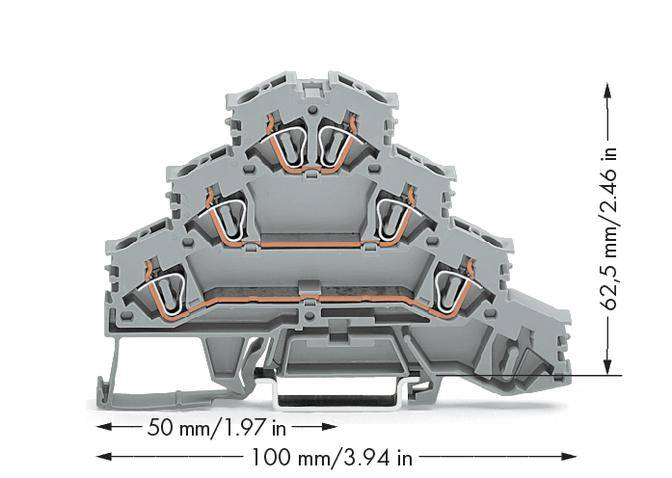 Querschnitt einer mehrschichtigen elektrischen Klemme, Maße angegeben: Breite 100 mm, Höhe 62,5 mm, Tiefe 50 mm.
