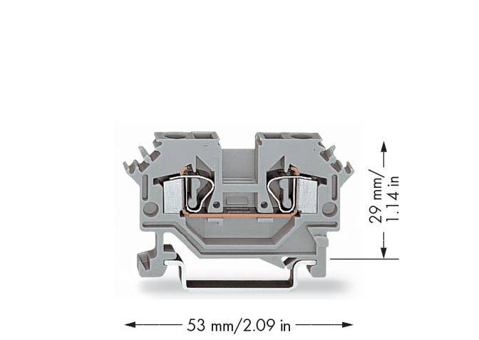 Grau-orangefarbene Klemme mit den Maßen 53 mm x 29 mm, geeignet für elektrische Verbindungen.