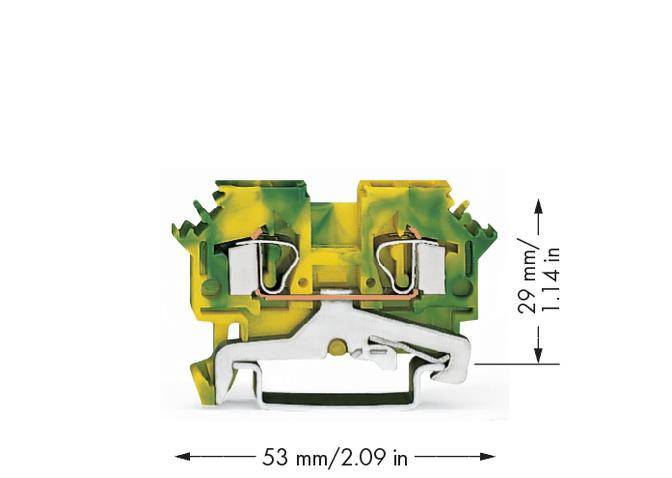 Gelb-grüner elektrischer Klemmblock, Abmessungen: 53 mm x 29 mm.