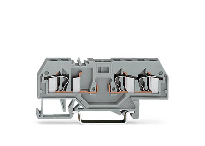 Ein graues Klemmenblock-Gehäuse mit mehreren Anschlüssen, verwendet für elektrische Verdrahtungen.