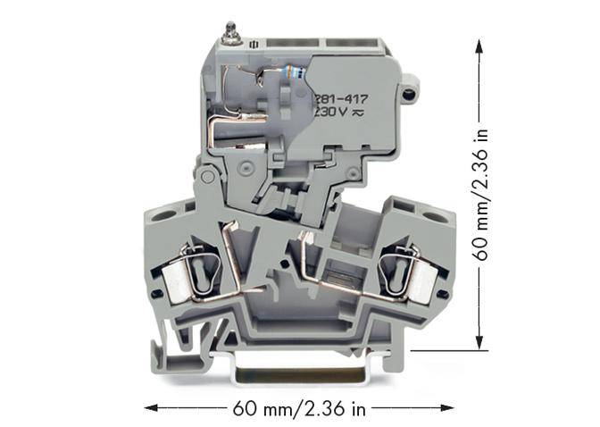 Graues elektrisches Klemmenmodul mit Abmessungen 60 mm x 60 mm, geeignet für 230 V, mit zwei Anschlussklemmen und detaillierten Komponenten.