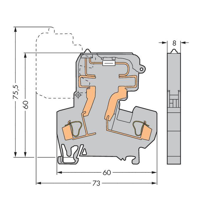 Technische Zeichnung eines Fensterprofils mit Maßangaben: Höhe 75,5 mm, Breite 73 mm, seitliche Breite 60 mm und Profiltiefe 8 mm.