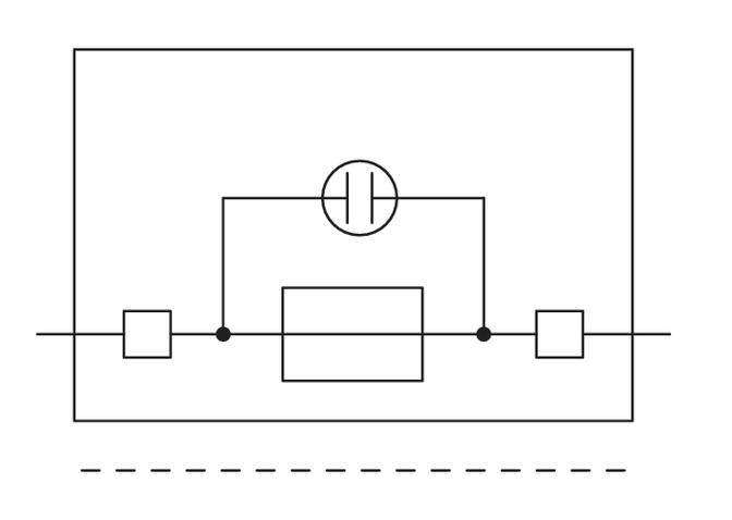 Schaltplan eines elektrischen Systems: Zwei Schalter, ein Widerstand und ein Kondensator, die in Reihe geschaltet sind.