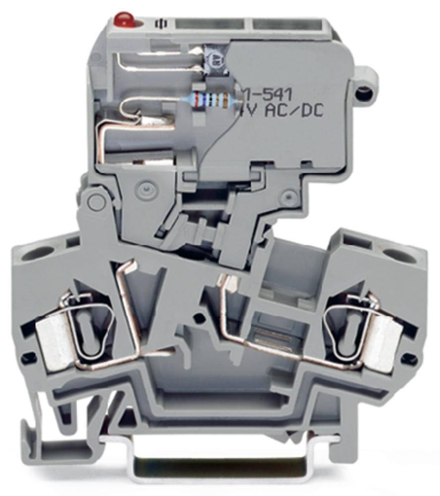 Ein grauer Überspannungsschutz für Hutschienenmontage, gekennzeichnet mit '24 V AC/DC', zeigt interne Verdrahtung und Komponenten.