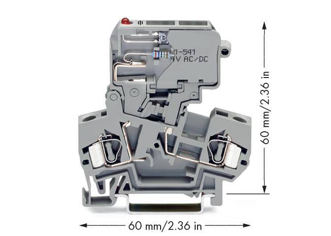 Grauer elektromechanischer Schalter, zeigt Schaltmechanismus und Verbindungen. Abmessungen 60 mm x 60 mm angegeben.