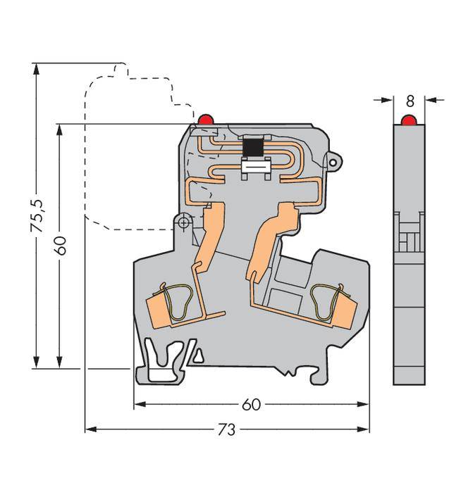 Technische Zeichnung eines elektrischen Schalters mit Maßen: Höhe 75,5 mm, Breite 8 mm, Tiefe 73 mm. Zeigt interne Komponenten.