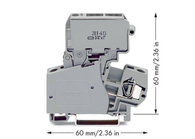 Ein graues elektrisches Klemmverbindungsstück mit den Abmessungen 60 mm x 60 mm ist in seitlicher Ansicht dargestellt.