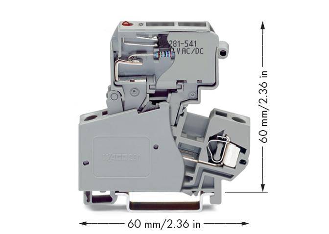 Ein graues elektrisches Bauelement mit Abmessungen 60 mm x 60 mm. Oberer Teil zeigt Anschlussklemmen und seitliche Beschriftung '281-541'.