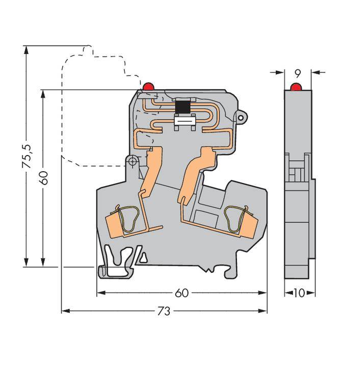 Schematische Darstellung eines elektrischen Anschlussklemmenprofils mit Maßangaben: 73 mm Breite, 75,5 mm Höhe, 10 mm Tiefe.