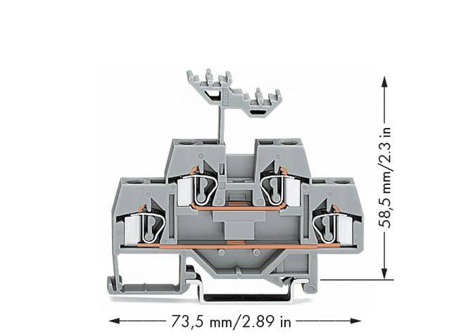 Ein grauer elektrischer Verbinder mit Kupferleitern; Abmessungen: 73,5 mm x 58,5 mm.