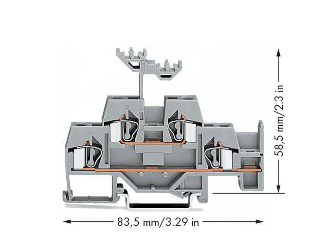 Querschnitt eines grauen elektrischen Anschlussklemmenblocks mit Maßen: Breite 83,5 mm und Höhe 58,5 mm.