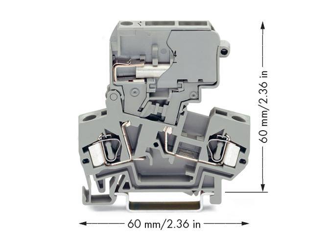 Grau isolierter elektrischer Klemmenblock, 60 mm hoch und breit.