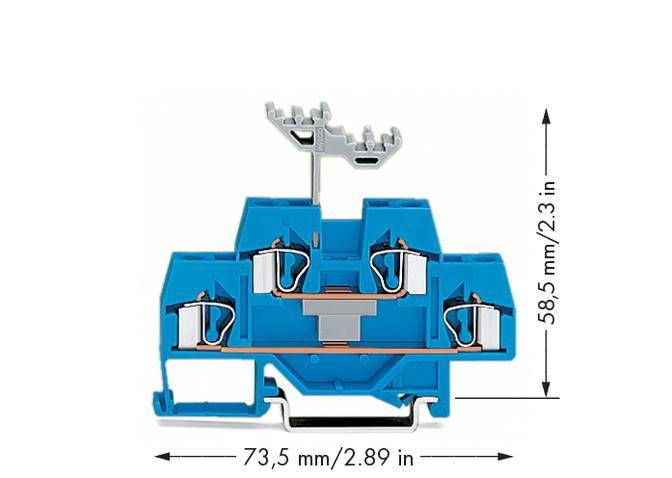 Blauer, rechteckiger Klemmblock mit vier Metallklemmen, zwei Reihen und Maße: Höhe 58,5 mm, Breite 73,5 mm.