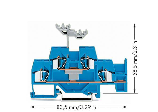 Querschnitt eines blauen elektronischen Steckverbinders. Maße: Breite 83,5 mm (3,29 Zoll) und Höhe 58,5 mm (2,3 Zoll).