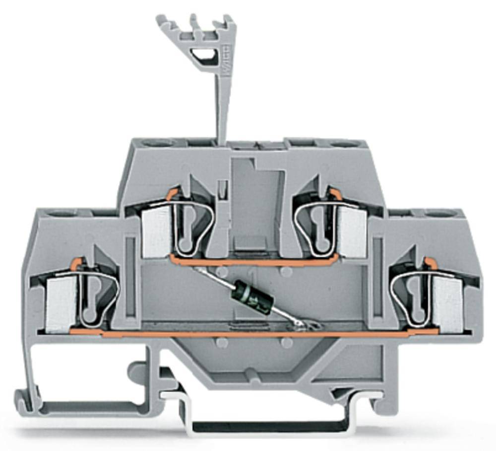 Graue elektrische Verbindungsklemme mit mehreren Metallanschlüssen und einer Diode in der Mitte, seitlich montiert.