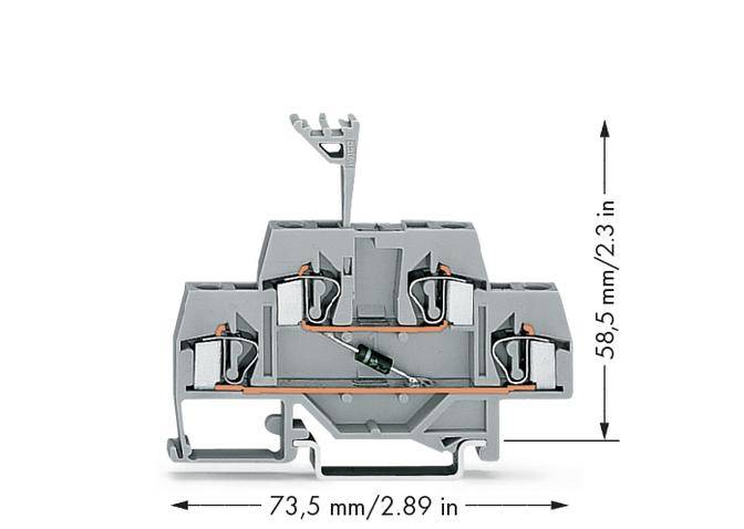 Graue Klemme mit Abmessungen: 73,5 mm Breite, 58,5 mm Höhe. Sichtbare interne Teile und metallische Verbindungen.